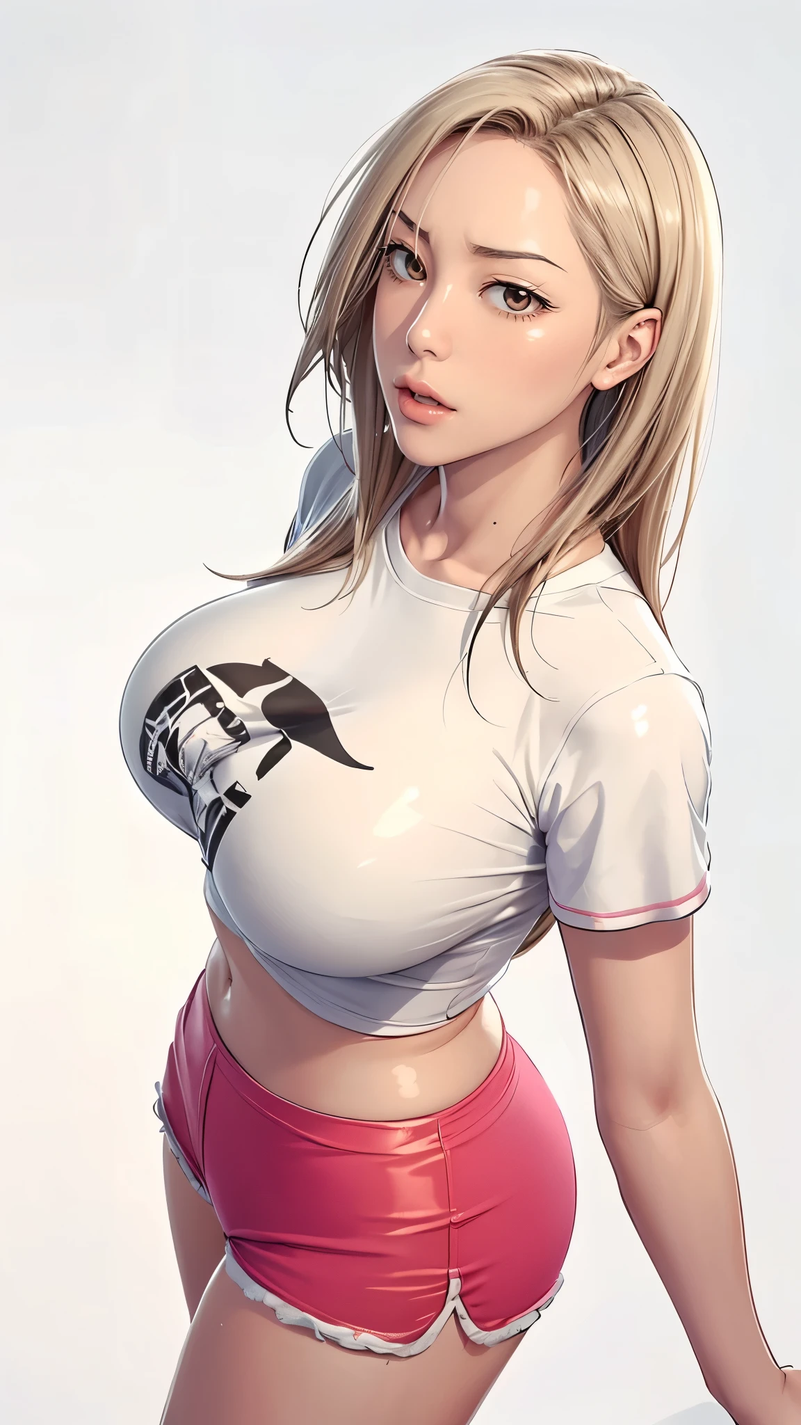 （（（完美figure，figure，solo， White and tender skin，（（（Cyberpunk，short sleeves,  dolphin shorts, t-shirt, pink shorts, white shirt, , ））），（（（MiaChadef, long hair, blonde hair, brown eyes,，））），((masterpiece)),high resolution, ((Best quality at best))，masterpiece，quality，Best quality，（（（ Exquisite facial features，Looking at the audience,There is light in the eyes，(（（lol，Happy，））），））），（（（Light and shadow，Huge breasts））），（（（Looking at the camera，White background，Lying on the ground，Look up at the camera，from above，Overlooking)）））