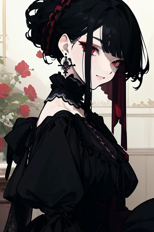 (highest quality、masterpiece:1.2), ((Mature Woman))Huge , Adult face、Black Hair、Both sides up、Red eyes, (Dark eyeshadow、Lots of earrings) Gothic Dress, Black Dress, Victorian dress