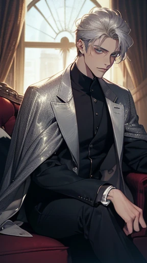 masterpiece, best quality, realistic, 1man, mature male, quiet and charming young man, 28 years old, serious look, extremely detailed face, ((ice blue eyes)), ((long sliver hair)), [thick eyebrows], emperor, detailed background, ((suit)), cinematic lighting, looking at the audience, posture dynamics, smirk, blue cape, black suit, black pants, (Silver-haired, blue-eyed man, relaxing on the sofa by the window, :1.5), (masterpiece, top quality, best quality, beautiful illustration, official art, wide angle, beautiful and aesthetic,1 man,:1.5), Masterpiece Background Midnight, Darkness, Dark Room, Dark tone, castle, castle windows, Moonlight, (Moonlight Only: 1.5), Invincible Smile, Bewitching, long hair