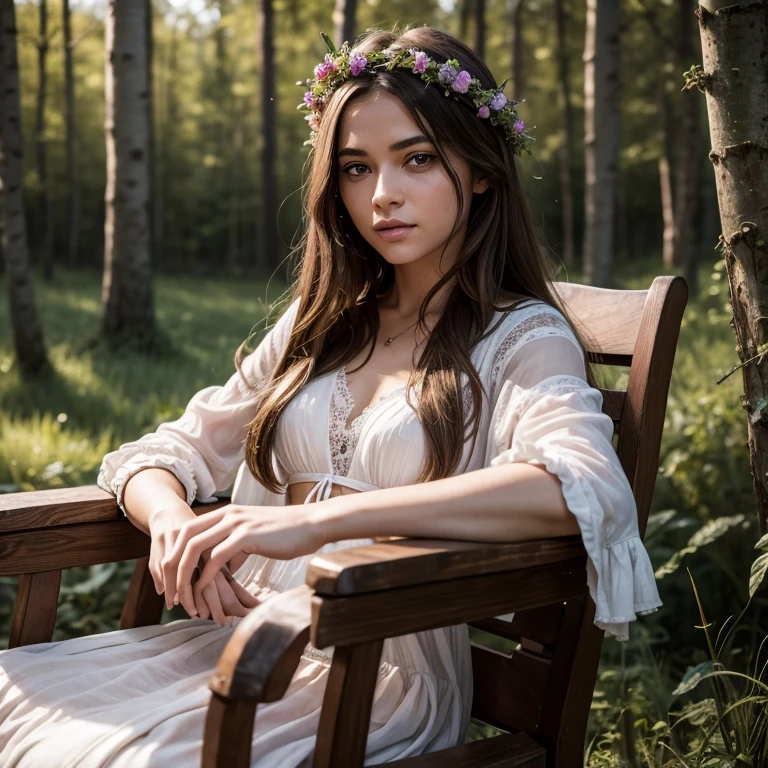 Masterpiece, Illustrate a scene featuring a young and enchanting girl seated in a rocking chair on a terrace, long brown hair, light hazel eyes, hi detailed face, ultra realistic face, ultra detailes eyes, 18 years old. The setting is a weathered wooden house adorned with clusters of dried grass, nestled on the tranquil banks of a river. Tall birch trees, vibrant flowers, and the mesmerizing touch of witchcore aesthetics complete this captivating tableau, 16K, ultra high res.photorealistic, HDR, UHD, DSLR, RAW, cinematic lighting