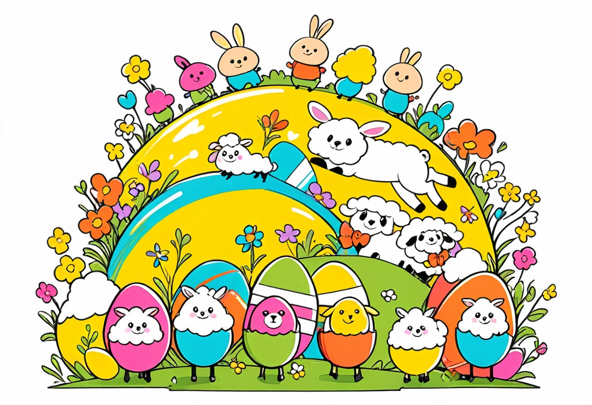 Cheerful and funny illustrations, Multiple roles, Graffiti style, Flat style, Easter Egg, easter bunny, sheep,Boys and Girls