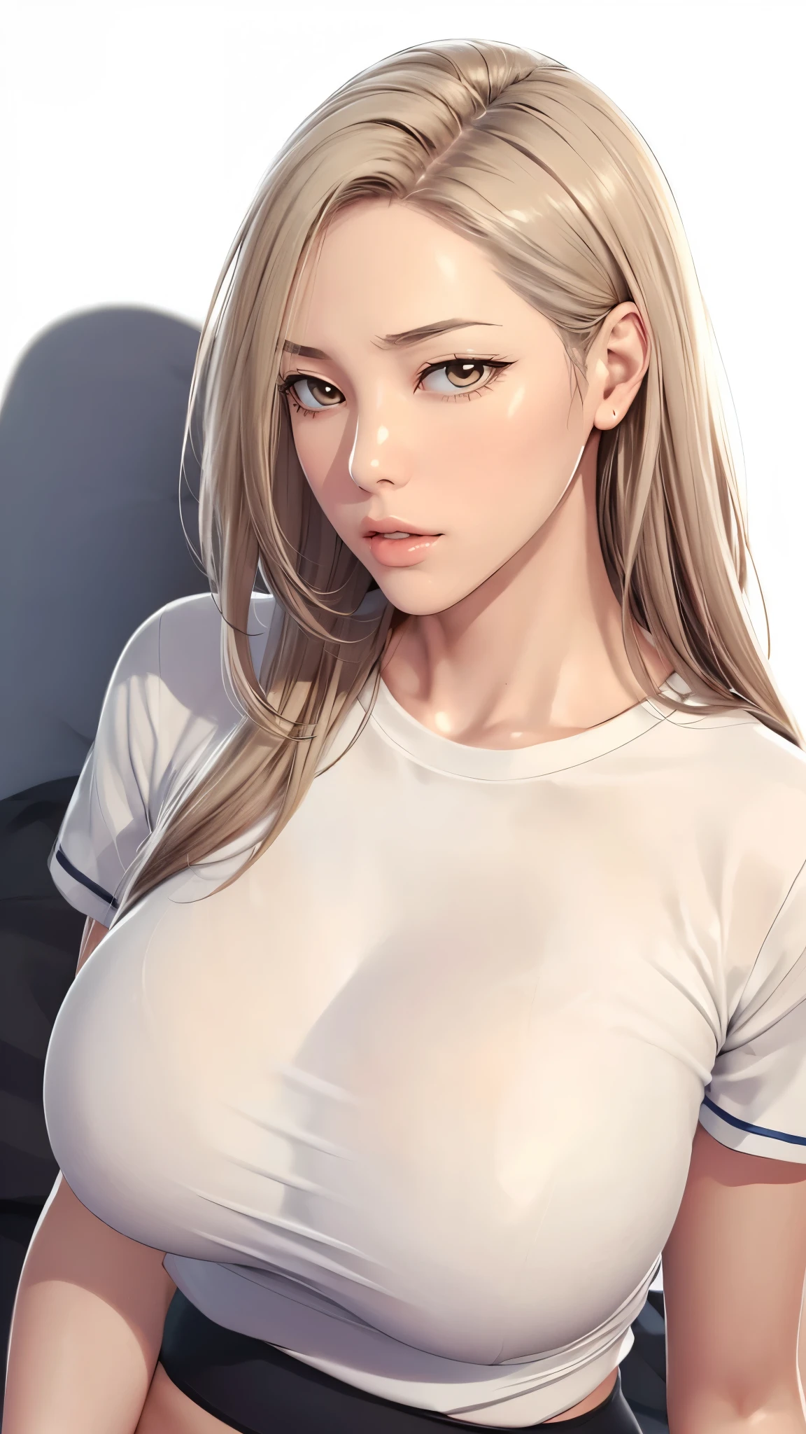 （（（完美figure，figure，solo， White and tender skin，（（（Cyberpunk，short sleeves,  dolphin shorts, t-shirt, pink shorts, white shirt, , ））），（（（MiaChadef, long hair, blonde hair, brown eyes,，））），((masterpiece)),high resolution, ((Best quality at best))，masterpiece，quality，Best quality，（（（ Exquisite facial features，Looking at the audience,There is light in the eyes，(（（lol，Happy，））），））），（（（Light and shadow，Huge breasts））），（（（Looking at the camera，White background，Lying on the ground，Look up at the camera，from above，Overlooking)）））