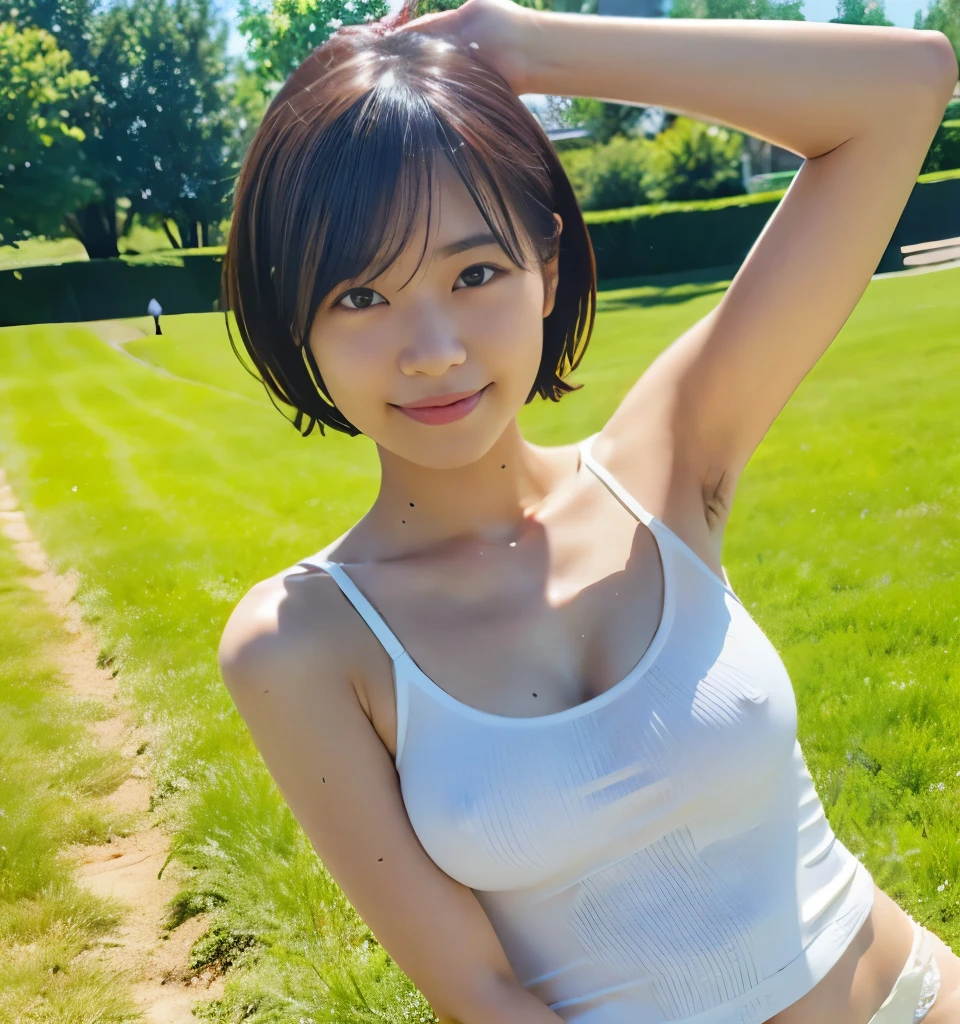 highest quality、8k、No makeup、masterpiece、Ultra-high resolution、Clear photos、Professional Lighting、Natural light、Very cute Japanese girl、Baby Face:1.8、Round face、smile、Ultra slim、Tight waist、Slender body、Highly detailed skin、Fair skin、Beautiful Hair、Thin legs、Round eyes、Short Bob Hair、Brown Hair、smile、Under the blazing sun、On the grass in the park、She is wearing white lace panties、(She is wearing a white tank top:1.8、Wet tight tank top:1.6、Transparent tank top:1.6、Tank top rides up)、Raise your arms、Please show me your armpit hair。Thick armpit hair:1.8、Very long armpit hair 1.8、Head to knee photo:1.8