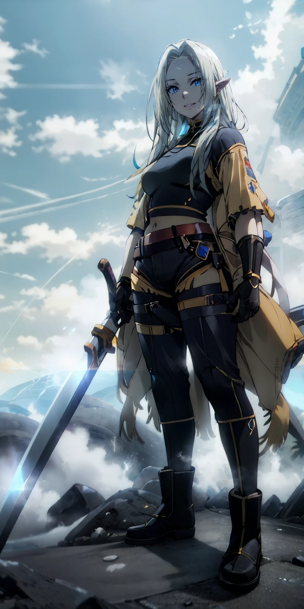eft_eminence_elf, blonde hair, long hair, pointy ears, blue eyes, anatomically correct, best quality, masterpiece, high quality, high details, highres, HD, (shaded face:1.2), hollow eyes, blue eyes, looking at viewer, heavy breathing, smirk, upper teeth, swords, solo, gloves, sword, boots, full_body, fingerless_gloves, standing, black_footwear, belt, pants, holding_sword, muscular female, "glow effects, godrays, Hand drawn, render, 8k, octane render, cinema 4d, blender, dark, atmospheric 4k ultra detailed, cinematic, Sharp focus, big depth of field, Masterpiece, colors, 3d octane render, 4k, concept art, trending on artstation, hyperrealistic, Vivid colors, extremely detailed CG unity 8k wallpaper, trending on CGSociety, Intricate, High Detail, dramatic", sweating, steaming body, fog, (shaded face:1.2), hollow eyes, dark-blue eyes, looking at viewer, (heavy breathing:1.2), smirk, upper teeth, lips, fog,