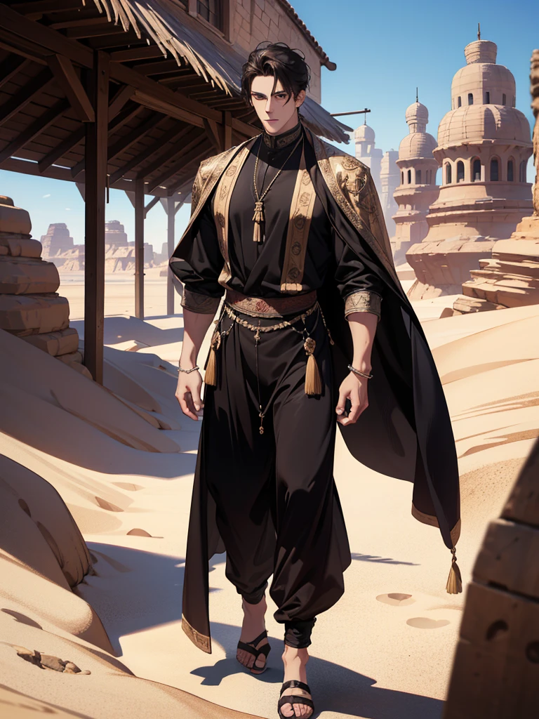 (absurdres, highres, ultra detailed), 1 male, adult, handsome, tall muscular guy, broad shoulders, finely detailed eyes and detailed face, desert, full body, middle eastern clothes, short black hair, brown eyes, focused on scenery, a guy starting journey