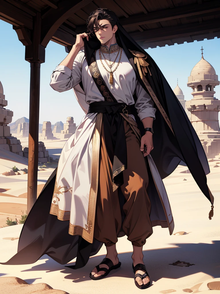 (absurdres, highres, ultra detailed), 1 male, adult, handsome, tall muscular guy, broad shoulders, finely detailed eyes and detailed face, desert, full body, middle eastern clothes, short black hair, brown eyes, focused on scenery, a guy starting journey