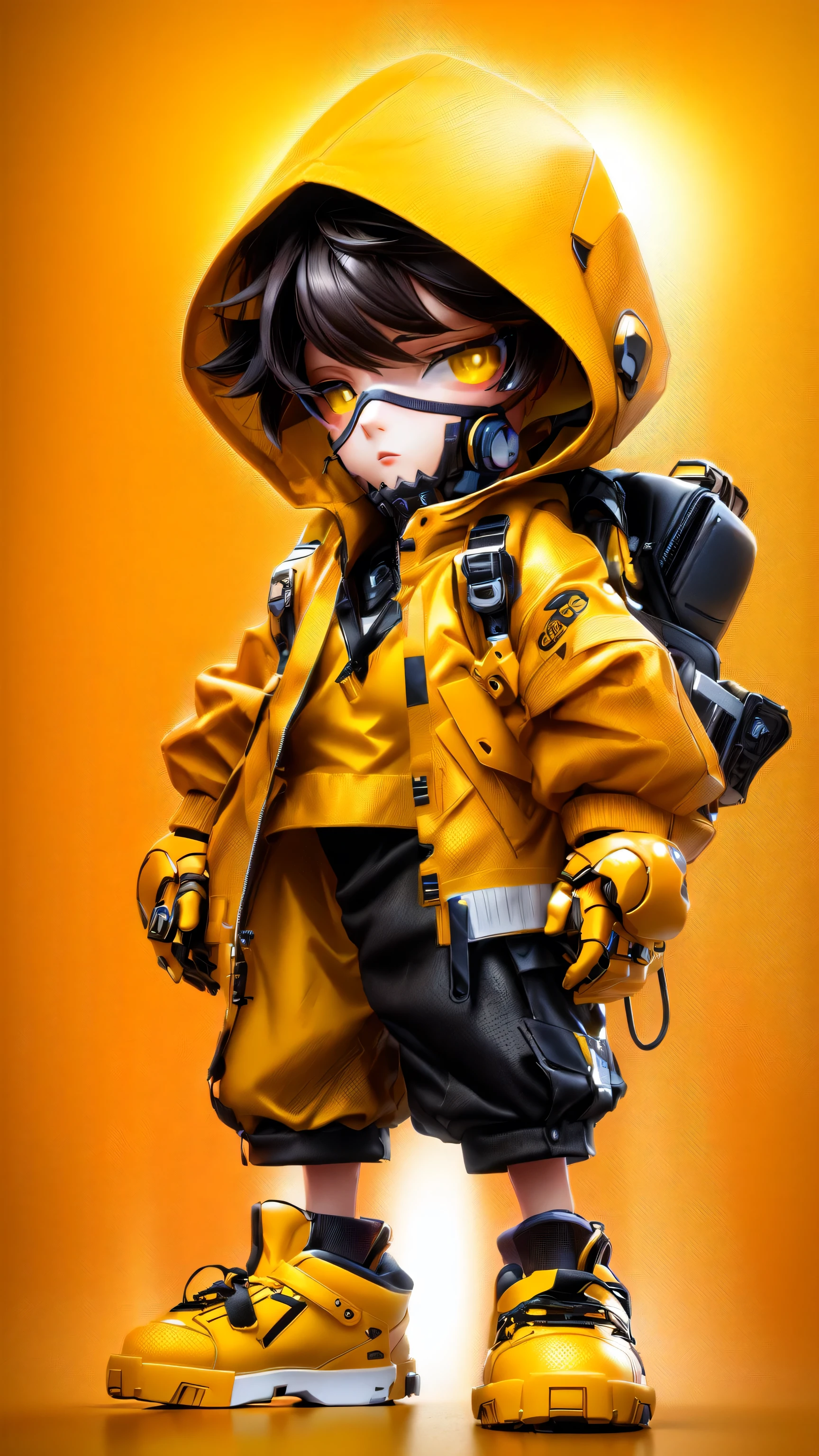 a close up of a person wearing a yellow jacket and orange shoes, anime styled 3d, 3 d render character art 8 k, style anime, anime style. 8k, cyberpunk streetwear, stylized anime, anime style 4 k, style of cyberpunk, anime style character, 3 d character art, cyberpunk pikachu, has cyberpunk style