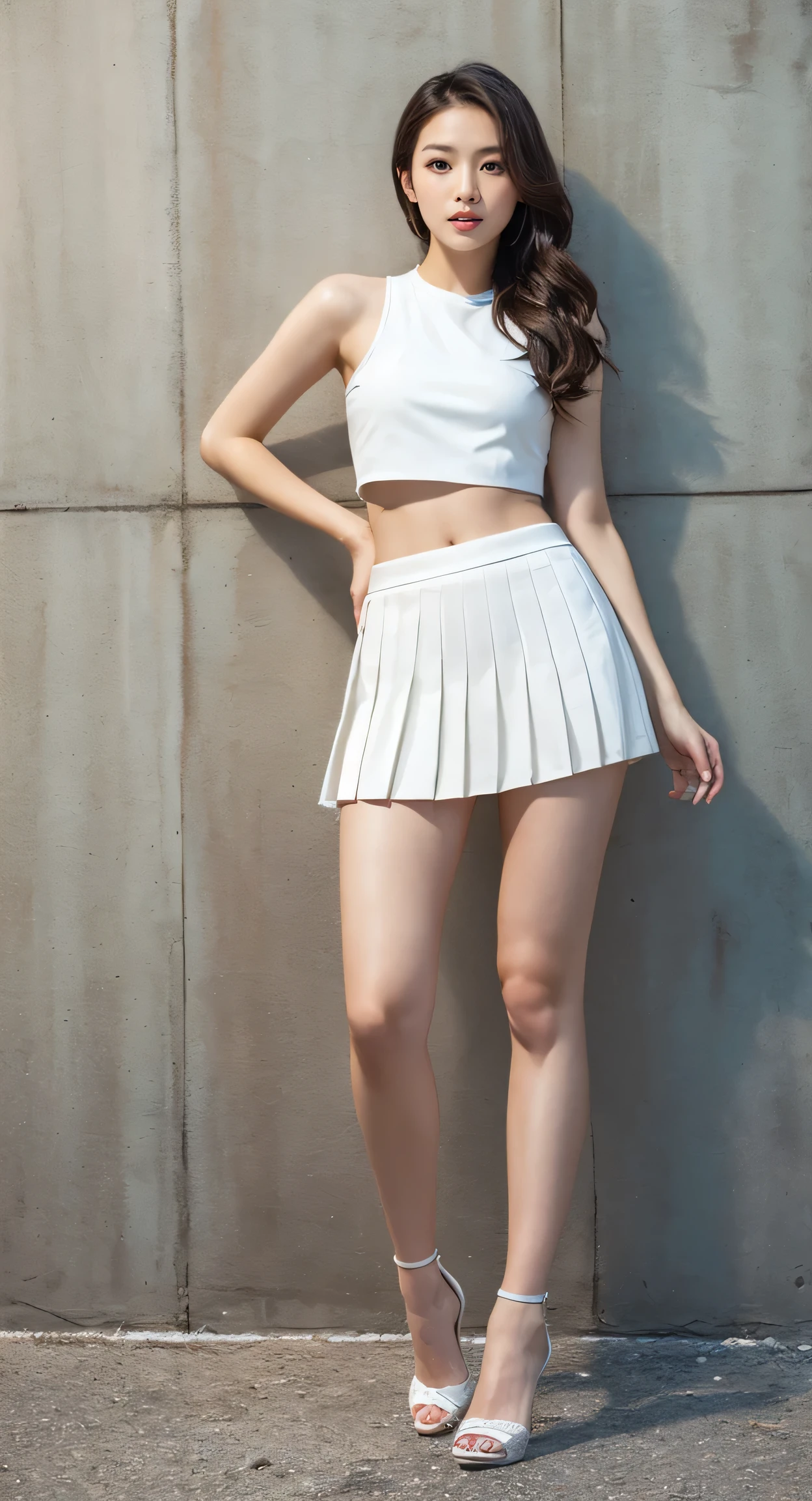 (((masterpiece))), (((highest quality))), ((Super detailed)), (Very detailed photos), (Navel-baring look, Striped crop top, Mini Pleated Skirt), (Beautiful white skin, young, woman, cute, Long legs, Bare legs), (High heels)