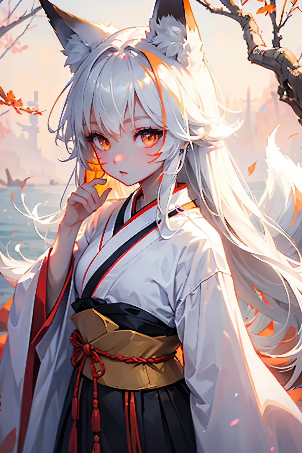 Fox girl, Japanese clothing, fox eyes, decent body, beautiful girl, looking at the viewer, fox marks on her face, orange eyes, white hair with black highlights, white tail with black highlights.