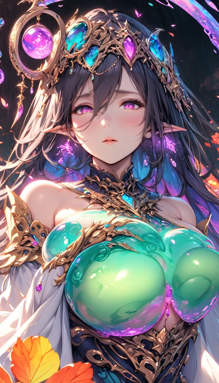 (masterpiece), (best quality:1.4), (perfect anatomy:1.4), high quality, expressive eyes, portrait, detailed face, beautiful face, perfect face, {1 girl}, In her slime form, Danua is a mesmerizing entity, her amorphous body pulsating with vibrant colors and otherworldly energy. She takes on a fluid, gelatinous appearance, constantly shifting and morphing with an almost hypnotic fluidity. Danua's slime form is translucent, allowing glimpses of the swirling colors and patterns that ripple beneath her surface. Shades of deep emerald, green mingle with iridescent blues and purples, creating an ethereal kaleidoscope of hues that dance and shimmer in the light. Her form lacks defined features, instead resembling a constantly shifting mass of gel-like substance. However, there is a sense of grace and purpose to her movements, as if she possesses a silent intelligence that guides her every shift and flow. Despite her lack of a solid form, Danua exudes an undeniable presence in her slime state. She radiates an aura of ancient power and mystique, her ever-changing form hinting at the depths of her enigmatic nature. Overall, Danua's slime form is a mesmerizing spectacle, a symphony of colors and shapes that captivates the eye and sparks the imagination.