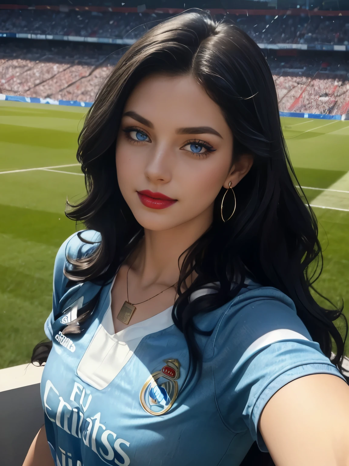 Caucasian woman; black hair, wavy hair, long hair, hair parted in the middle; blue eyes, ((lined eyes)), ((highlight blue eyes)), bright eyes; ((red lipstick)), makeup; smile, athletic body, (medium breasts), nipples, legs; ((real Madrid jersey)), adidas Jersey, ((denim shorts)), earrings, necklace, bracelets; high quality, artistic shot, light highlights body; in stands of a soccer stadium, behind you can see the soccer field, front view, selfie, shot from above.