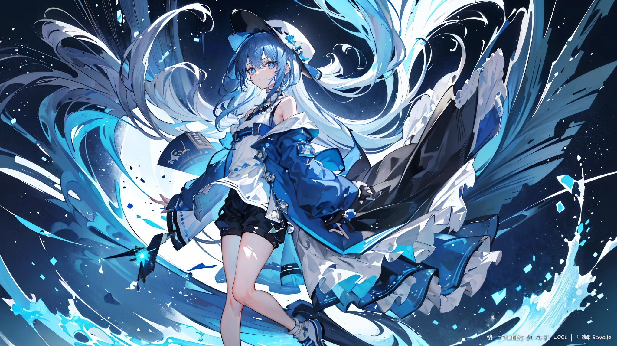 (Super detailed)),((illustration)),((masterpiece)),(((need))),((Beautifully、最高品质 CG Unity 8K 壁纸masterpiece),((4k,masterpiece,best quality)),((Super detailed)),((illustration)),((masterpiece)),(((need))),((Beautiful and delicate eyes)),A girl with long hair and waist,The hair is dark blue on the outside and sky blue on the inside,Dark blue pupils,flat chest,Wearing a ragged blue-black coat,Blue and white cap,Hands holding spray paint cans,shorts,Stereoscopic graphics,White sneakers,Electronic Wave,Wearing a ring on each hand,Unknown Tech Tower,Blank City,Sun and Moon Shine Together,individual,Full body close-up view,Calm and at ease