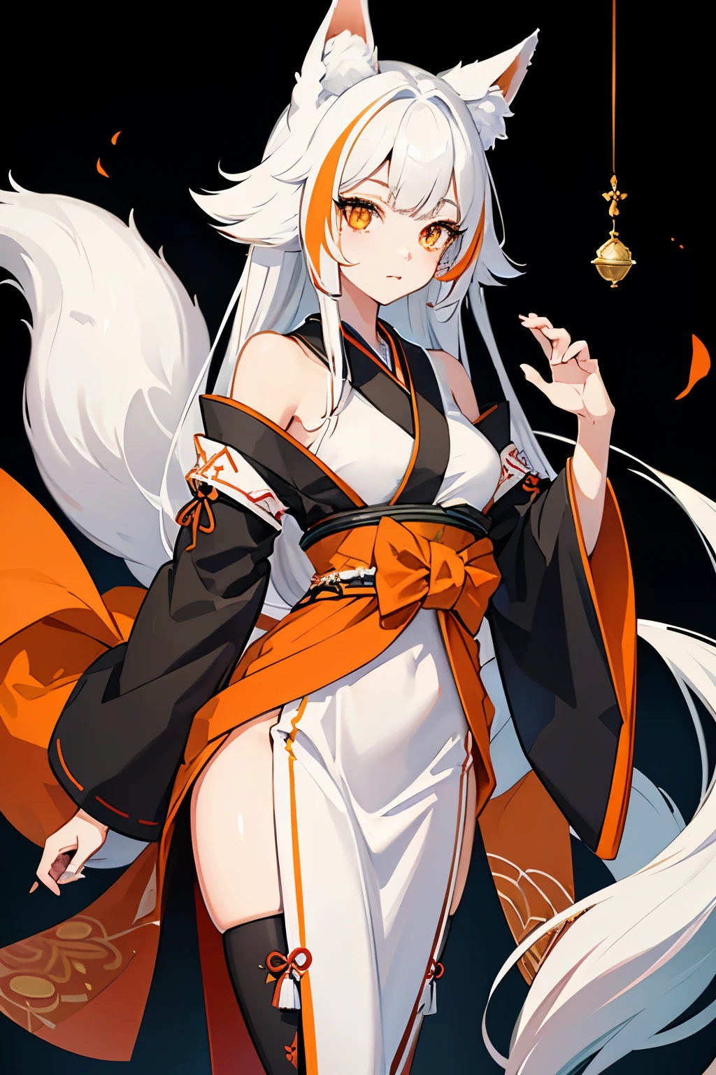 Fox girl, Japanese clothing, fox eyes, decent body, beautiful girl, looking at the viewer, fox marks on her face, orange eyes, white hair with black highlights, white tail with black highlights.
