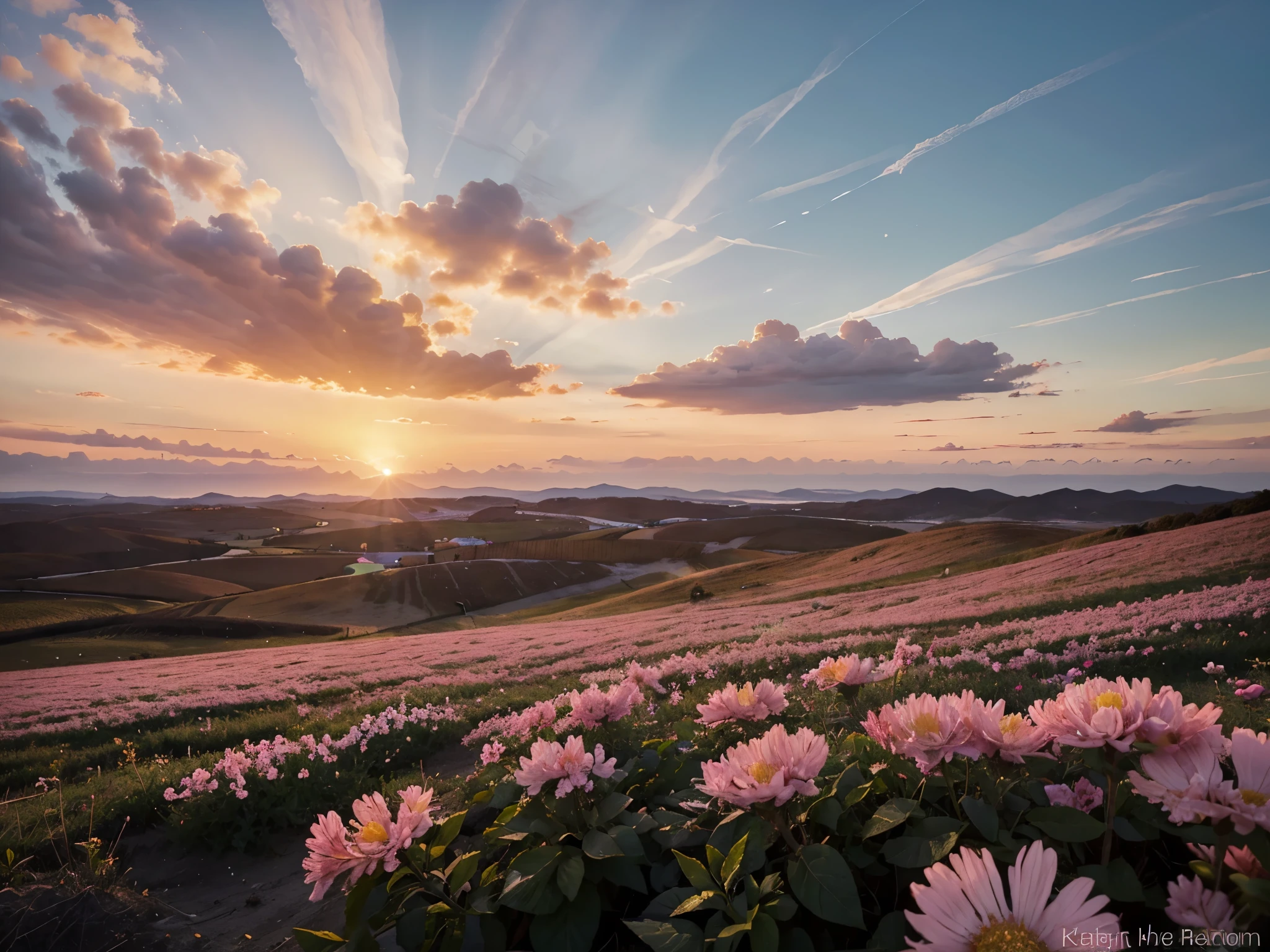 Amid the vast expanse of a cerulean sky, a vibrant blossom reaches towards the sun, its petals unfolding in hues of pink and white. Fluffy clouds drift lazily in the background as the golden sun begins its ascent, casting a warm glow over the tranquil scene. This stunning photograph captures the essence of a peaceful morning, where nature awakens in a symphony of colors and light. Each detail is crisp and vivid, inviting viewers to immerse themselves in the beauty of a new day dawning.