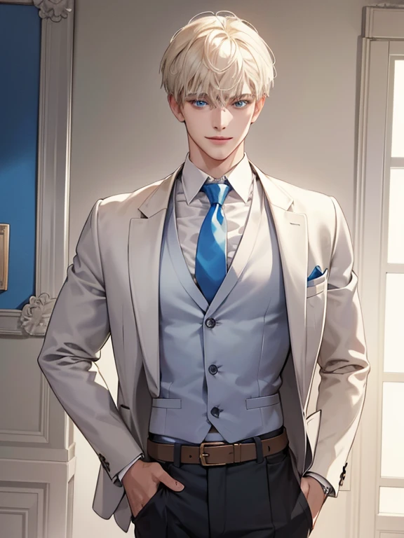 (Masterpiece, highres, best quality, finely detailed), male, smile expression facade, platinum blonde hair, short hair, White blazer, white shirt, blue tie, ivory vest cardigan, belt, black pants, blue eyes, student, super detail, accurate.
