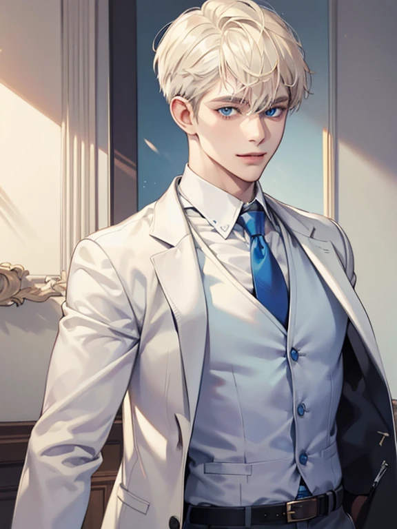 (Masterpiece, highres, best quality, finely detailed), male, smile expression facade, platinum blonde hair, short hair, White blazer, white shirt, blue tie, ivory vest cardigan, belt, black pants, blue eyes, student, super detail, accurate.