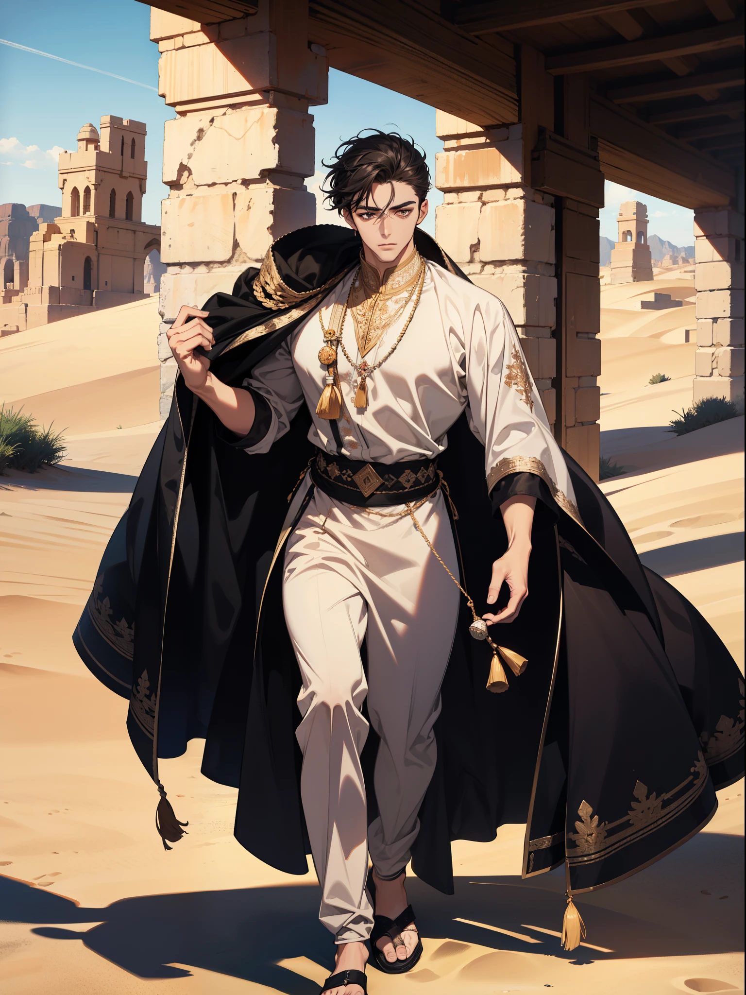 (absurdres, highres, ultra detailed), 1 male, adult, handsome, tall muscular guy, broad shoulders, finely detailed eyes and detailed face, desert, full body, middle eastern clothes, short black hair, brown eyes, focused on scenery, a guy starting journey