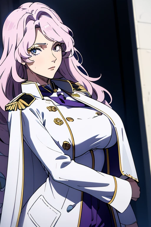 masterpiece, best quality,charlotte, (white long coat), coat on shoulders,white navy soldier uniform ,(epaulettes), purple shirt, blue pants, upper body, looking at viewer, large breasts ,(hd), (full body shot), (high resolution)