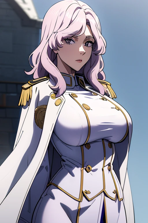 masterpiece, best quality,charlotte, (white long coat), coat on shoulders,white navy soldier uniform ,(epaulettes), purple shirt, blue pants, upper body, looking at viewer, large breasts ,(hd), (full body shot), (high resolution)