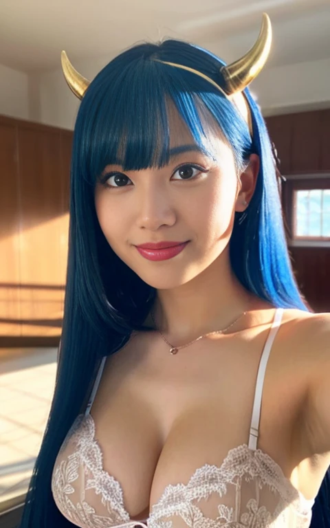 1 woman ((upper body selfie, happy)), masterpiece, best quality, ultra-detailed, solo, outdoor, (night), mountains, nature, (stars, moon) cheerful, happy, Masterpiece, The best picture quality,Highest resolution,8K,(A bust photograph),(Portrait),(Head close-up),(Rule of thirds),Unreal Engine 5 rendering works,
20 year old girl, 1_Indonesian_girl_face,
a woman with blue hair and horns in a purple outfit, artgerm lau, artgerm detailed, extremely detailed artgerm, artgerm. high detail, 8k artgerm bokeh, succubus in tight short dress, artgerm style, astri lohne, trending artgerm, style artgerm, artgerm colorful!!!, silky_breasts, silky_body, silky_skin, dark_nipples, wet_skin, wet_body, large_breasts, smile, closed_mouth, copyright_name, large_breasts, bangs,With long bangs, red eyes,Elegant and elegant,(Large, full breasts),shut your mouth,serious yet charming,(scholar),photo poses,Sci-fi style laboratory,white room,
Movie lights,Ray tracing,Game CG,((3D Unreal Engine)),OC rendering reflection pattern, shadows, contrast, clear sky, style, (warm hue, warm tone: 1.2), close-up, cinematic light, side lighting, ultra high resolution, best shadow, RAW, upper body, wearing lingerie, seductive look, huge breasts, 4k, open neckline, sexy