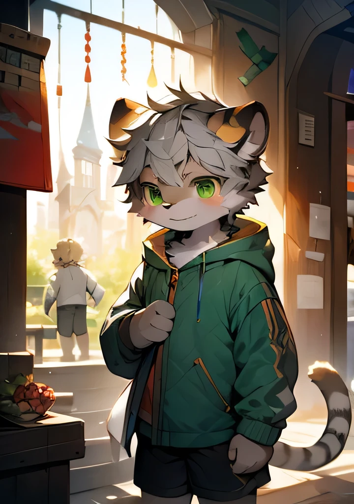 （Cat，Gray hair and green eyes，Yellow and wHellote coat color，Lovely，Lively，horny boy，,Wear a sweatsHellort with a pink pattern，energetic and cute，shorts, wind element，hairy），Digital artwork with light effects.a boy，single anthropology,hairy,Wild,(digital media \(artwork\):1.2),(Hello，It's notHellong,H:1.2),Perfect anatomical structure,Anatomically correct,detailed,detailed face,detailed eyes,(Realistic hair,detailed fur:1.25),detailed background,Amazing background. rest (author：Puinki \(artist\):1.2),(author：fantasy land,author：Kuroi Junmi,author：Milk Tiger 1145,author：Moki,author：Enamel 1,Through the oocyst:1.2),(author：Xia Huaiting:0.8),(by Pino Deheni:0.8),(author：Sios SHelloru:0.8),(From Chunie:0.8).