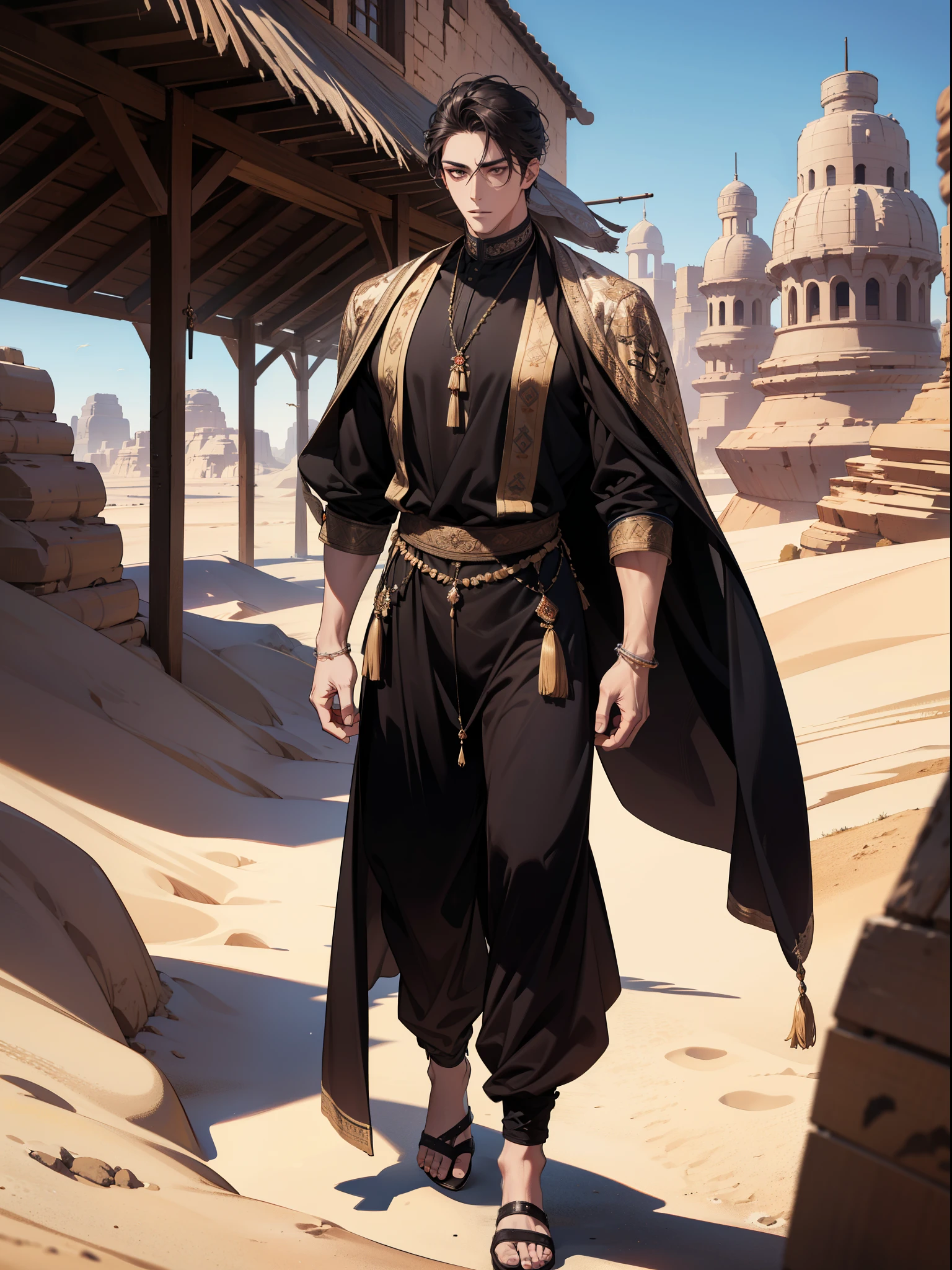 (absurdres, highres, ultra detailed), 1 male, adult, handsome, tall muscular guy, broad shoulders, finely detailed eyes and detailed face, desert, full body, middle eastern clothes, short black hair, brown eyes, focused on scenery, a guy starting journey