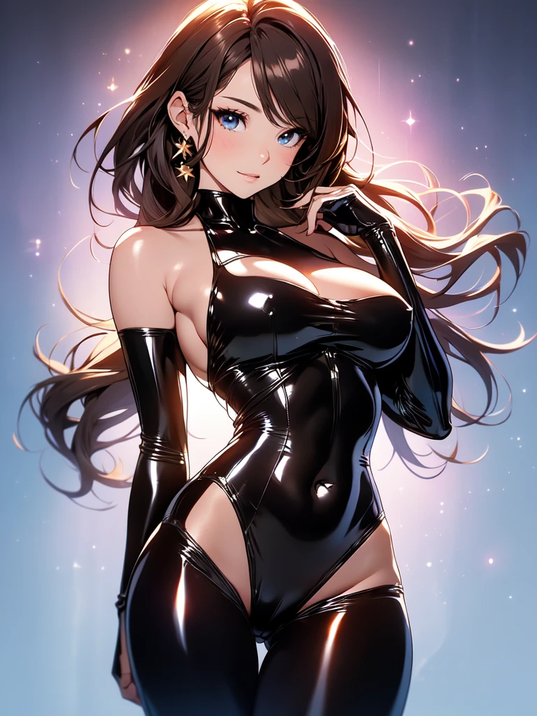 Beautiful girl high leg、Swimwear
　Beautiful bodystocking latex simple background
　Light　黒Brown Hair　smile　　magic　Masterpiece 　Magic sexy, extremely beautiful 22歳　Big Breasts Beautiful Eyeagical gentle lighting    涙　cowboy shot backlight