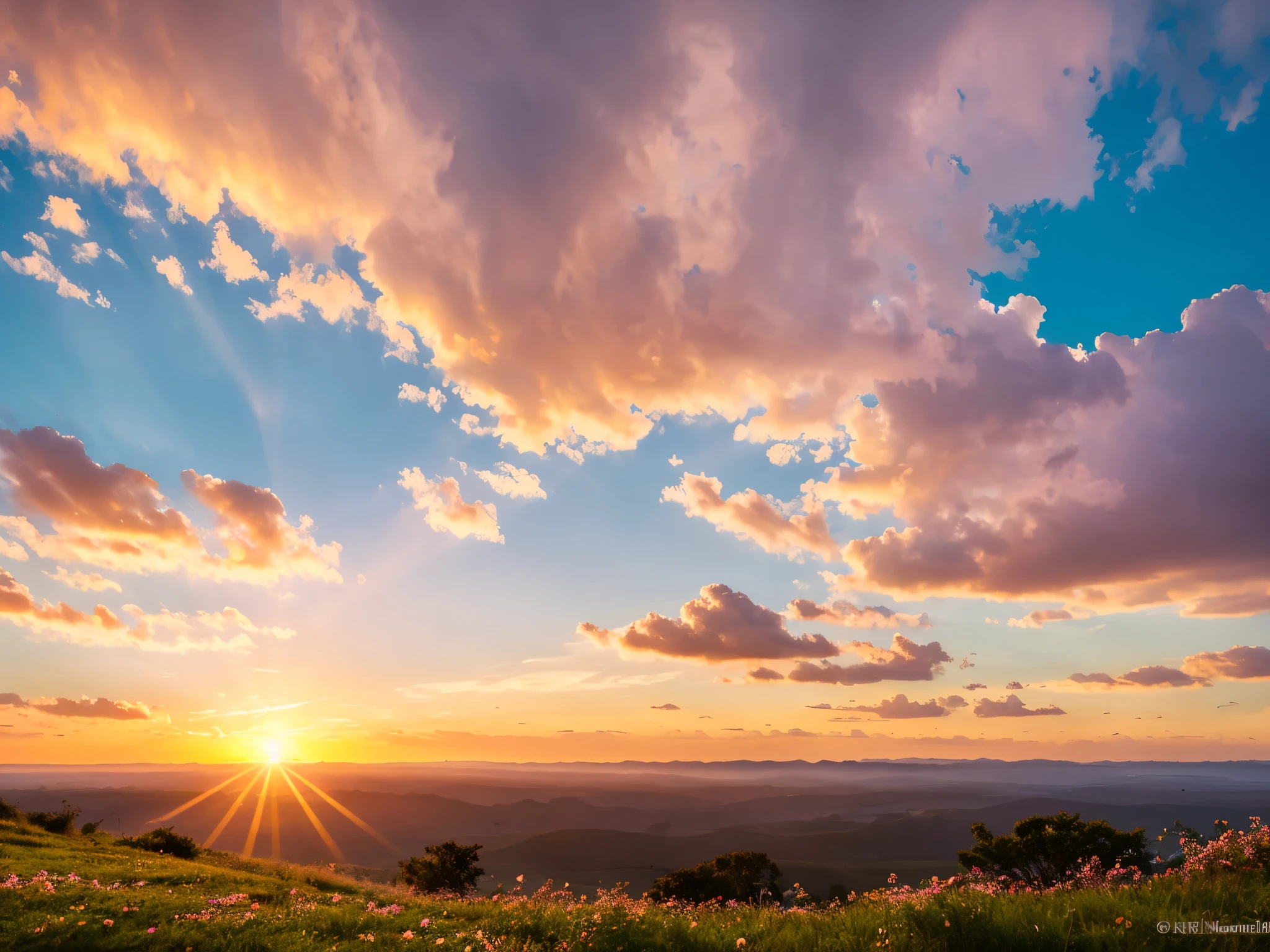 Amid the vast expanse of a cerulean sky, a vibrant blossom reaches towards the sun, its petals unfolding in hues of pink and white. Fluffy clouds drift lazily in the background as the golden sun begins its ascent, casting a warm glow over the tranquil scene. This stunning photograph captures the essence of a peaceful morning, where nature awakens in a symphony of colors and light. Each detail is crisp and vivid, inviting viewers to immerse themselves in the beauty of a new day dawning.