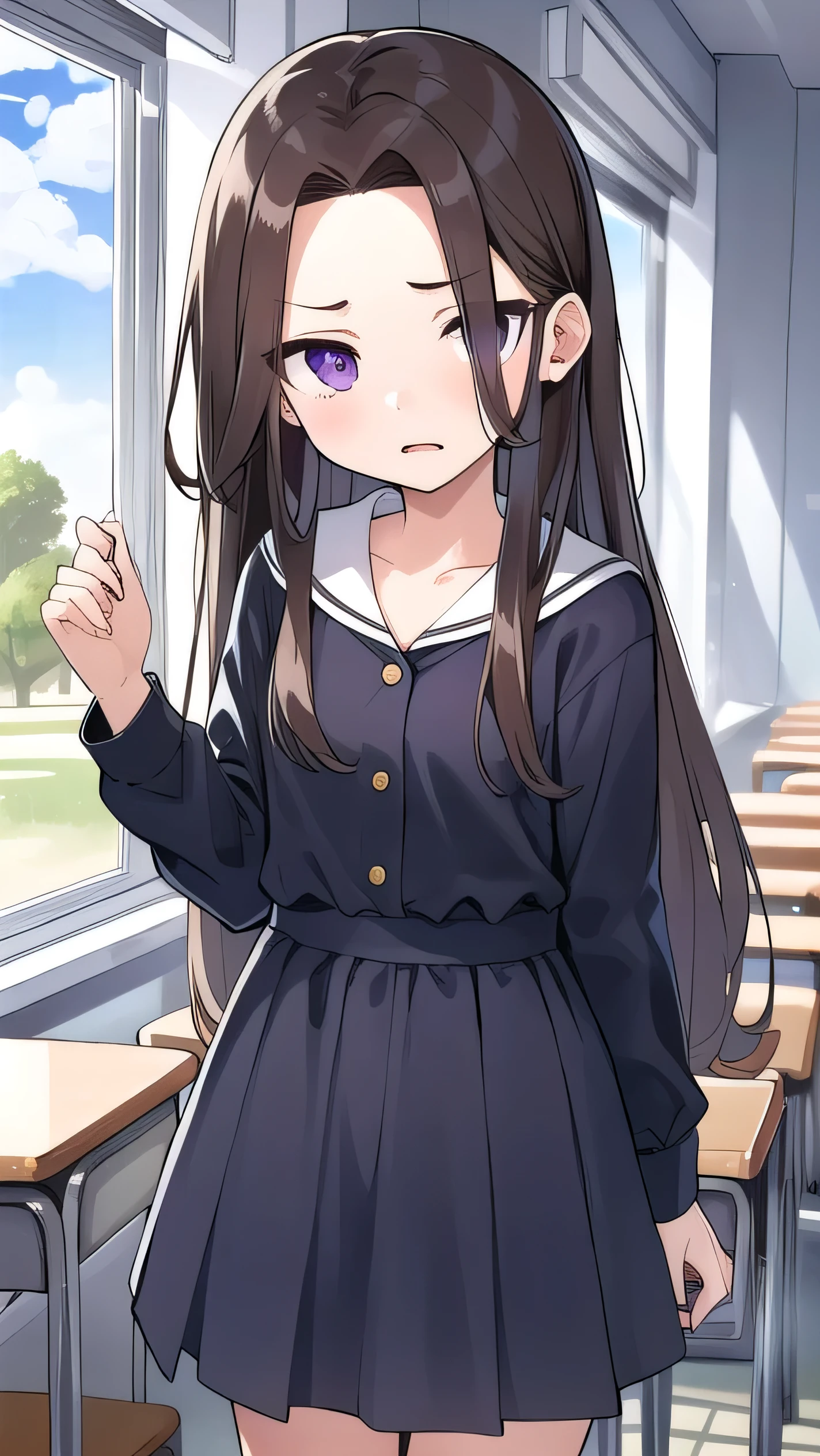 Brown hair, long hair, purple eyes, very short bangs, wide forehead, classroom, middle school student, middle school student, flat chest , short, narrow eyes, hanging eyes, forehead, straight hair, anger