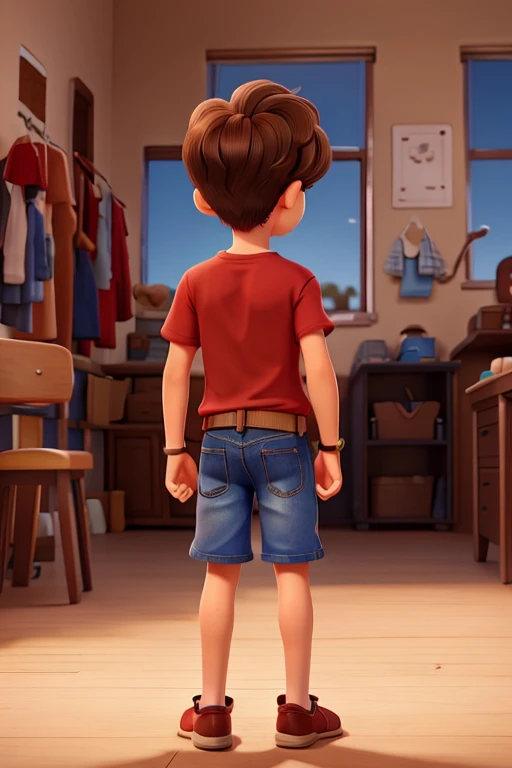 Back of a 6 year-old boy with brown short hair, brown eyes with fair skin wearing a red t-shirt, and blue jean shorts.