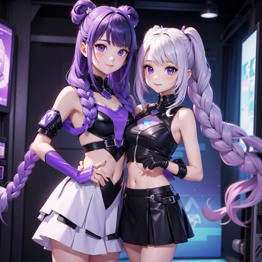 ちび男女のCouple、cute、3D Figure、（Masterpiece、highest quality、Official Art、The best composition、CG、16K、Super detailed、Detailed eyes、Golden Ratio）、Couple（1boy,1girl)、girl（Her hair is a milky white and purple gradient.、Double braid、Black and white diamond-shaped hair ornaments on both sides、purple eyes, long hair, twin braids, purple hair, multicolored hair, elbow gloves, bangs, very long hair,bare shoulders, black skirt, dress, smile, side cutout,covered navel, side cutout,cryptic girl）、boy（Her hair is a short, black and white gradient.、cyberpunk school uniform）、hologram、Disorganized、