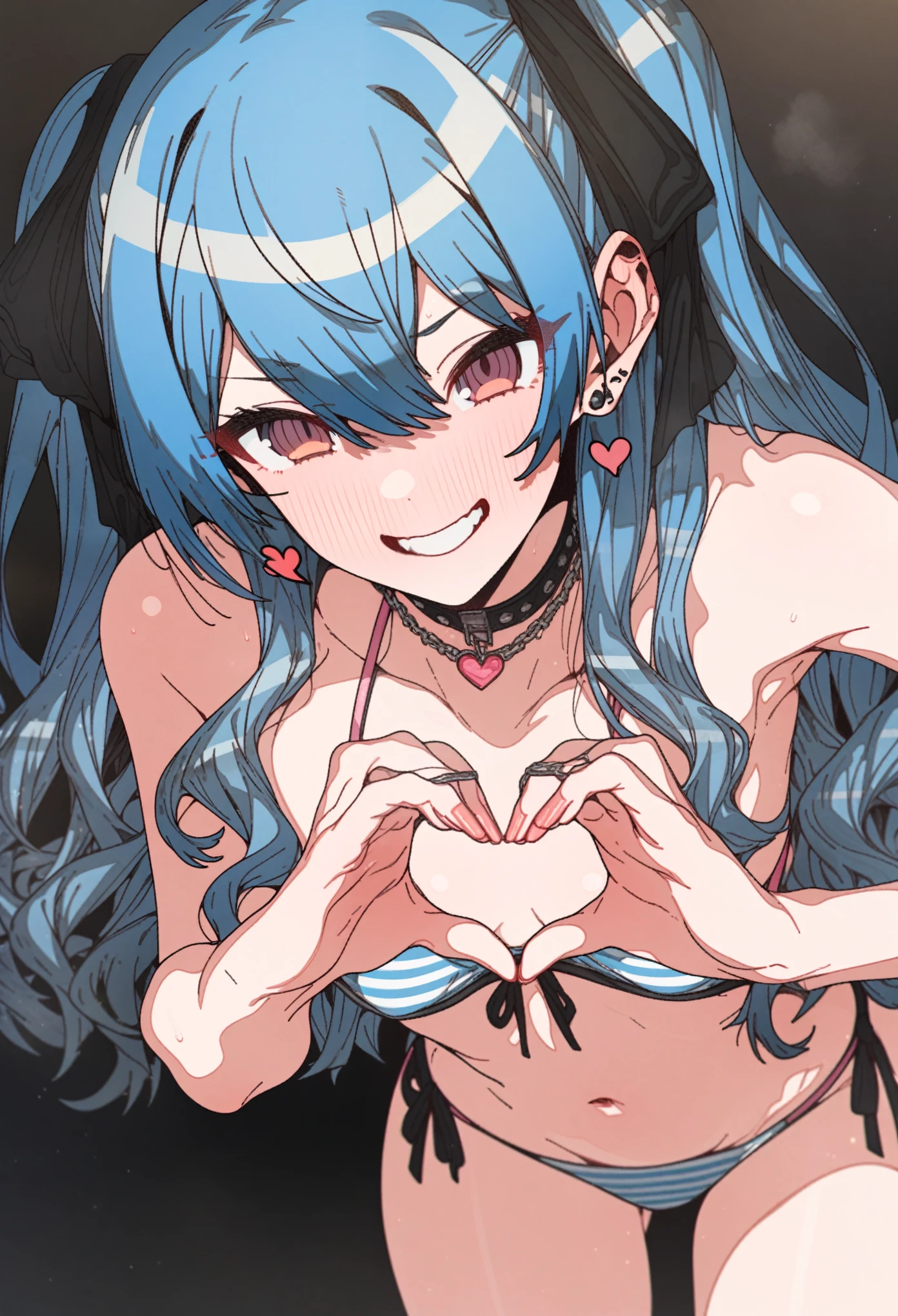 hoshimachi_suisei, Artist, erere, Copyrights, idolmaster, idolmaster_shiny_colors, Character, General, 1girl, blue_hair, wavy_bangs, blush, breasts, smile, heart_hands, brown_eyes, censored, long_hair, medium_breasts, striped bikini, pink_bikini, frilled_bikini, navel, raised_eyebrow, teeth, two_side_up, ((full_body)), standing, ((simple_background, white_backgroud)), looking_at_viewer, facing_viewer, masterpiece, best_quality, great_quality, girl,