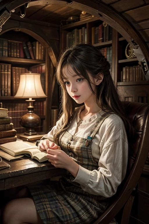 "Realistic painting, ((Charm)) Scene of a girl engrossed in reading, Antique books, cozy hobbit cave, A complicated watch with moving gears, ((nostalgic)), detailed, Warm palette"