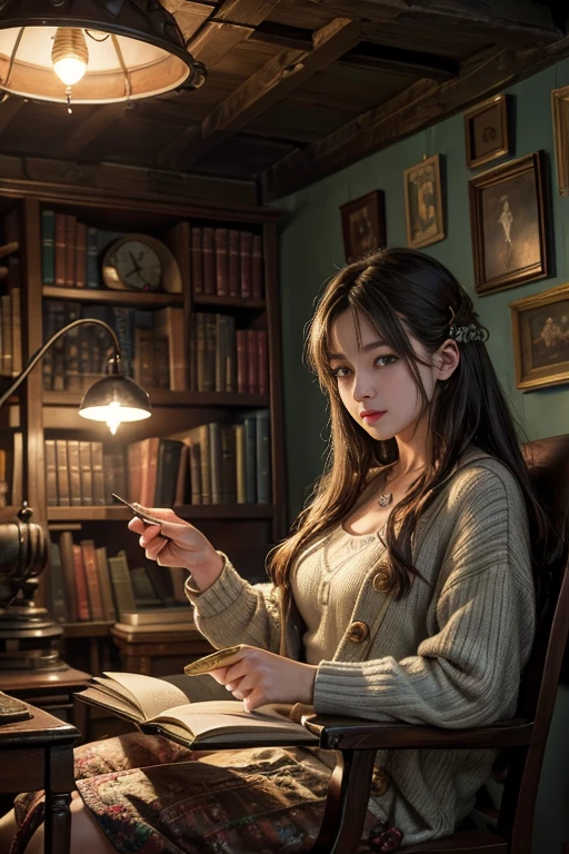 "Realistic painting, ((Charm)) Scene of a girl engrossed in reading, Antique books, cozy hobbit cave, A complicated watch with moving gears, ((nostalgic)), detailed, Warm palette"