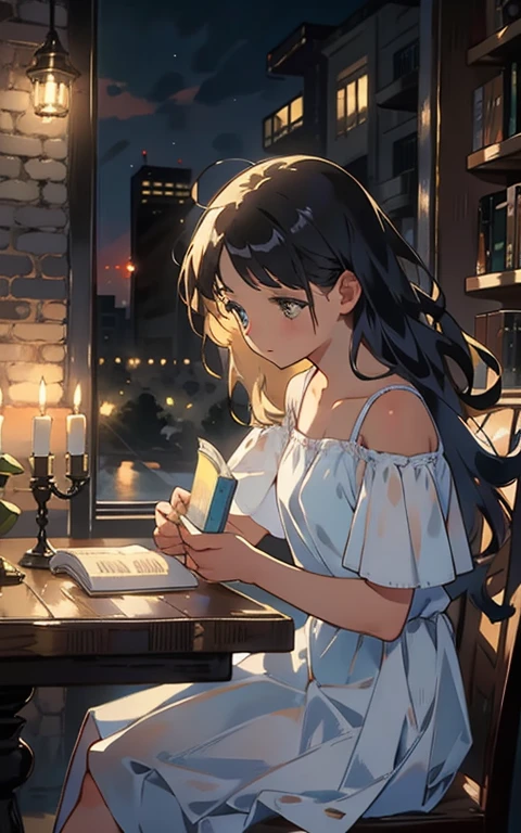 Beautiful maiden sitting at the table,is wearing dress,Read with rapt attention,Surrounded by the smell of books and warm lights