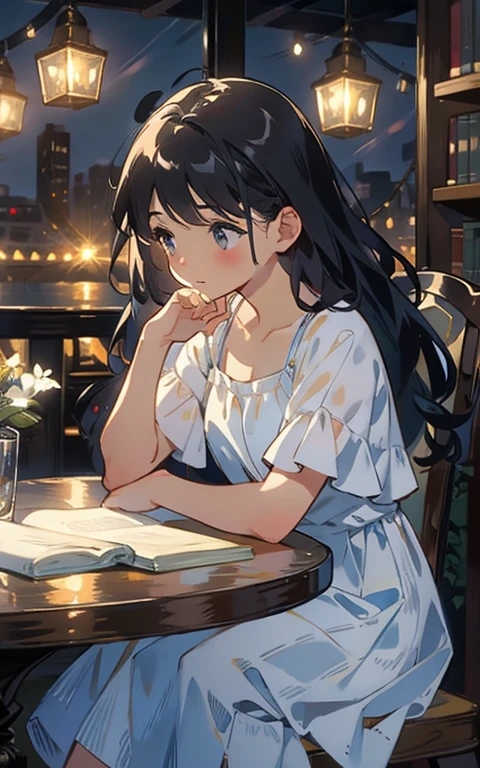 Beautiful maiden sitting at the table，is wearing  dress，Read with rapt attention，Surrounded by the smell of books and warm lights