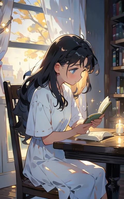 Beautiful maiden sitting at the table，is wearing  dress，Read with rapt attention，Surrounded by the smell of books and warm lights