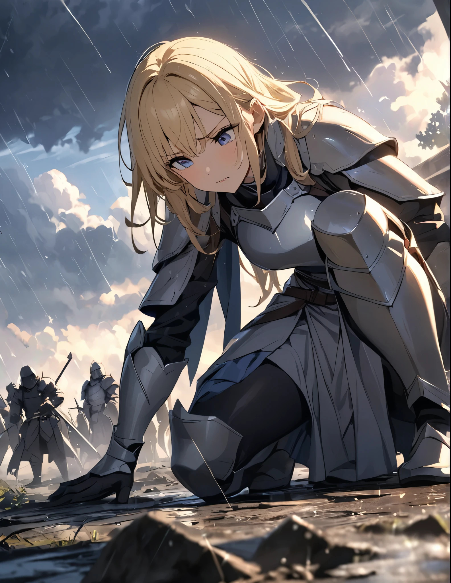 (anime)、(masterpiece:1.2),atmospheric perspective,lens flare、A foggy battlefield、Thick clouds cover the sky, making the world look grey、As the rain falls, the female knight crouches down and thrusts her sword.。He looks frustrated and swears revenge.。Rain-soaked hair、Blonde、Blue Eyes、armor、Traces of fierce battle all around、Smoke rises here and there、A work with a hazy hue