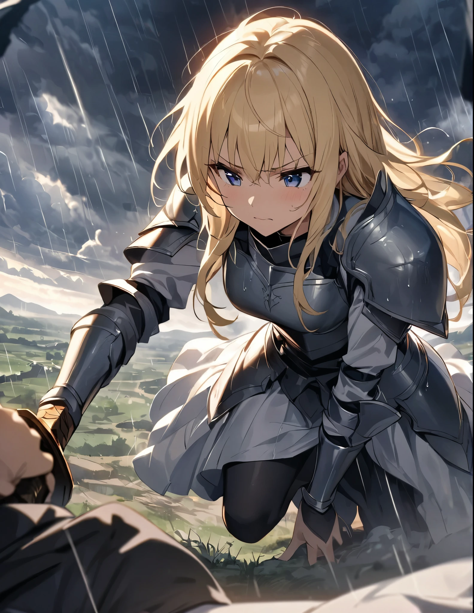 (anime)、(masterpiece:1.2),atmospheric perspective,lens flare、A foggy battlefield、Thick clouds cover the sky, making the world look grey、As the rain falls, the female knight crouches down and thrusts her sword.。He looks frustrated and swears revenge.。Rain-soaked hair、Blonde、Blue Eyes、armor、Traces of fierce battle all around、Smoke rises here and there、A work with a hazy hue、((Thrusting a sword with one hand))、One Girl