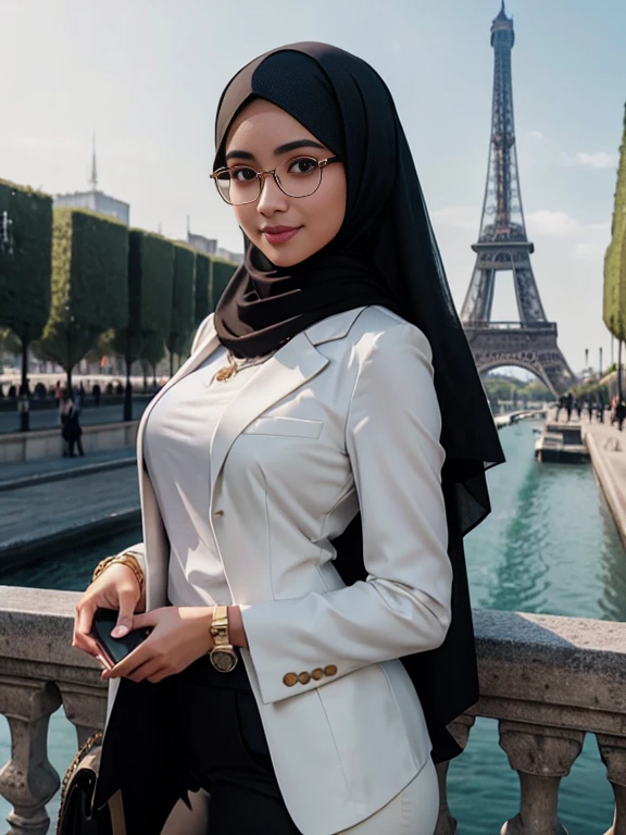 Beautiful glasses sexy Malay girl aged 20 years, olive skin, sharp nose, thin lips, oval face, sharp girl, neat hijab covering all her hair, wearing a white kebaya combined with a glamorous black suit, long black trousers, a swiss polo golden watch, bangles, bracelets, necklace, holding a smartphone, seen from the front, full body, Eiffel Tower background, background looks so clear, street photography, realistic photos, 85mm lens, ultra HD, cinematic, very detailed, sharp focus, teasing smile, detailed lip, detailed eyes, detailed horny face