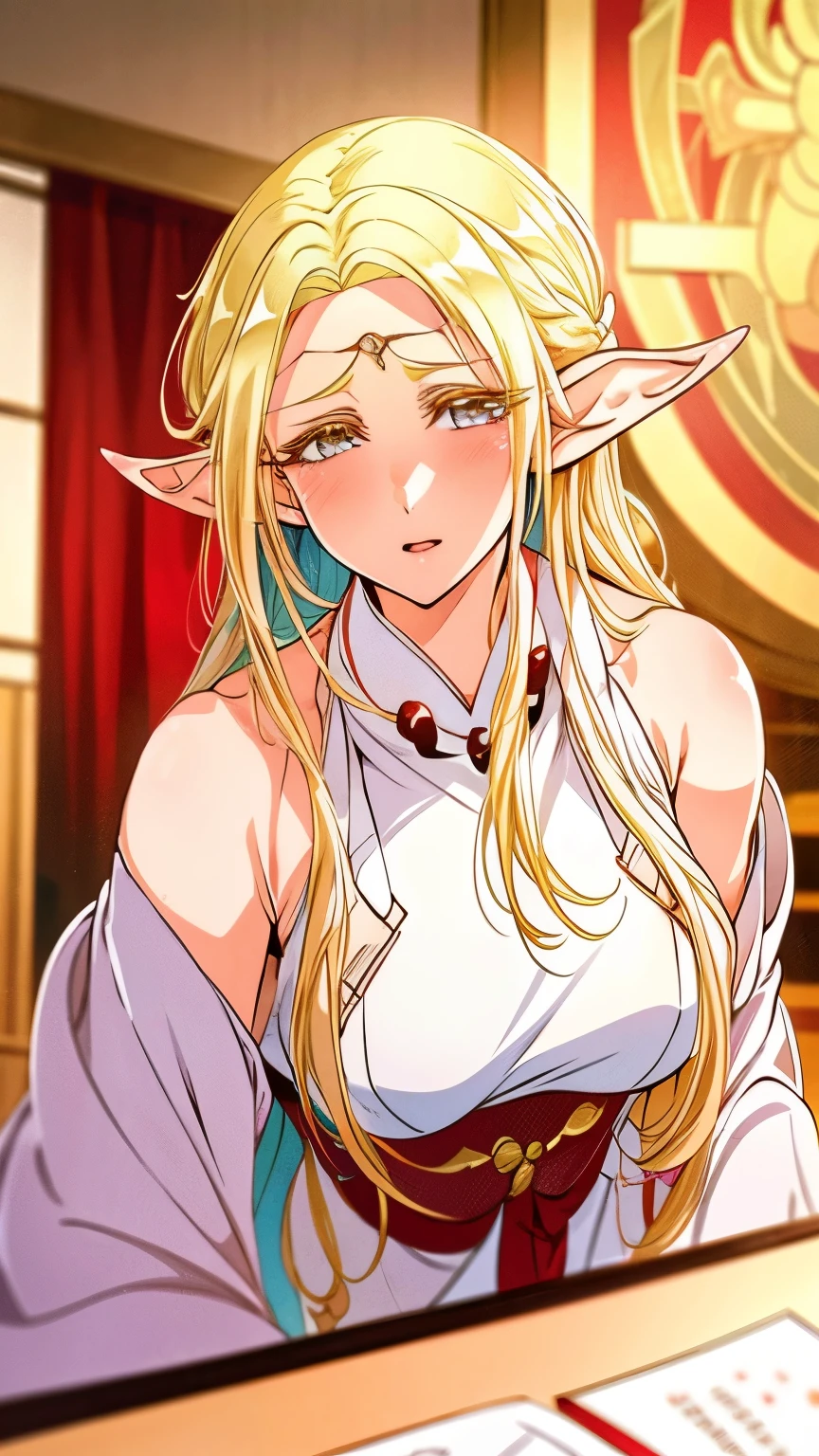 seamless image fusion, best quality, super fine, 16k, incredibly absurdres, extremely detailed, delicate and dynamic, noble, cool and beautiful elf woman, blonde hair, captivating look, aroused expression, iridescent gold eyes, tall and stylish, wearing red and white shrine maiden costume, background shrine office, wonderful effects that highlight the subject