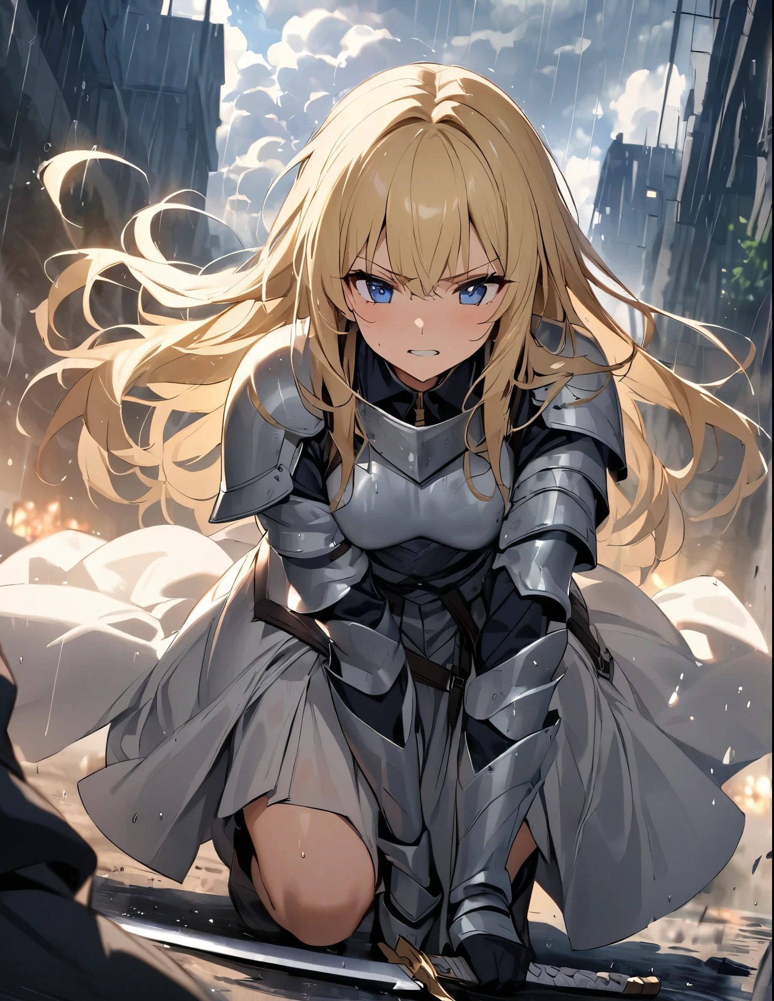 (anime)、(masterpiece:1.2),atmospheric perspective,lens flare、A foggy battlefield、Thick clouds cover the sky, making the world look grey、As the rain falls, the female knight crouches down and thrusts her sword.。He looks frustrated and swears revenge.。Rain-soaked hair、Blonde、Blue Eyes、armor、Traces of fierce battle all around、Smoke rises here and there、A work with a hazy hue、((Thrusting a sword with one hand))、One Girl