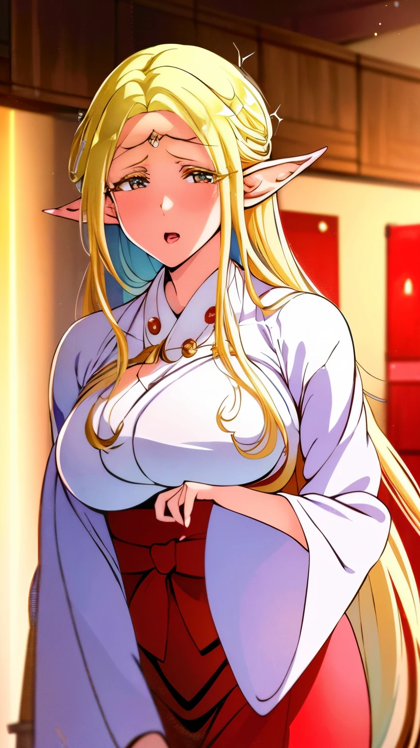 seamless image fusion, best quality, super fine, 16k, incredibly absurdres, extremely detailed, delicate and dynamic, noble, cool and beautiful elf woman, blonde hair, captivating look, aroused expression, iridescent gold eyes, tall and stylish, wearing red and white shrine maiden costume, background shrine office, wonderful effects that highlight the subject