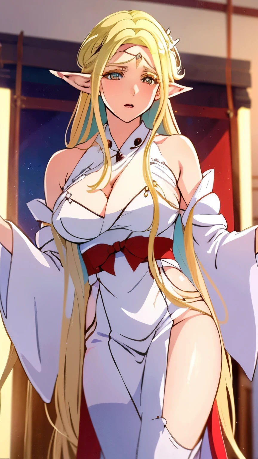seamless image fusion, best quality, super fine, 16k, incredibly absurdres, extremely detailed, delicate and dynamic, noble, cool and beautiful elf woman, blonde hair, captivating look, aroused expression, iridescent gold eyes, tall and stylish, wearing red and white shrine maiden costume, background shrine office, wonderful effects that highlight the subject