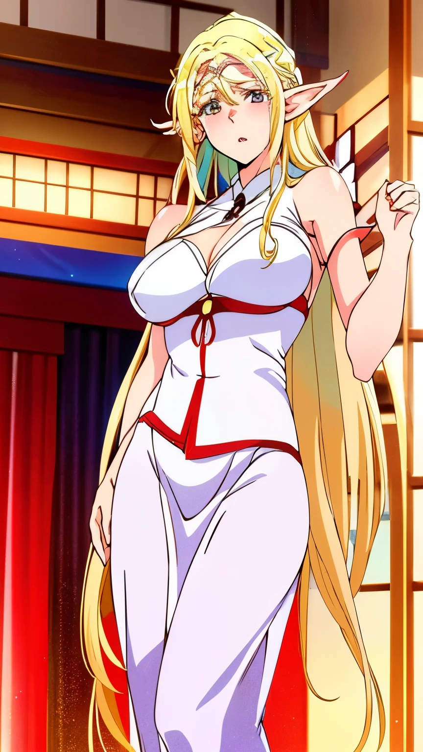 seamless image fusion, best quality, super fine, 16k, incredibly absurdres, extremely detailed, delicate and dynamic, noble, cool and beautiful elf woman, blonde hair, captivating look, aroused expression, iridescent gold eyes, tall and stylish, wearing red and white shrine maiden costume, background shrine office, wonderful effects that highlight the subject