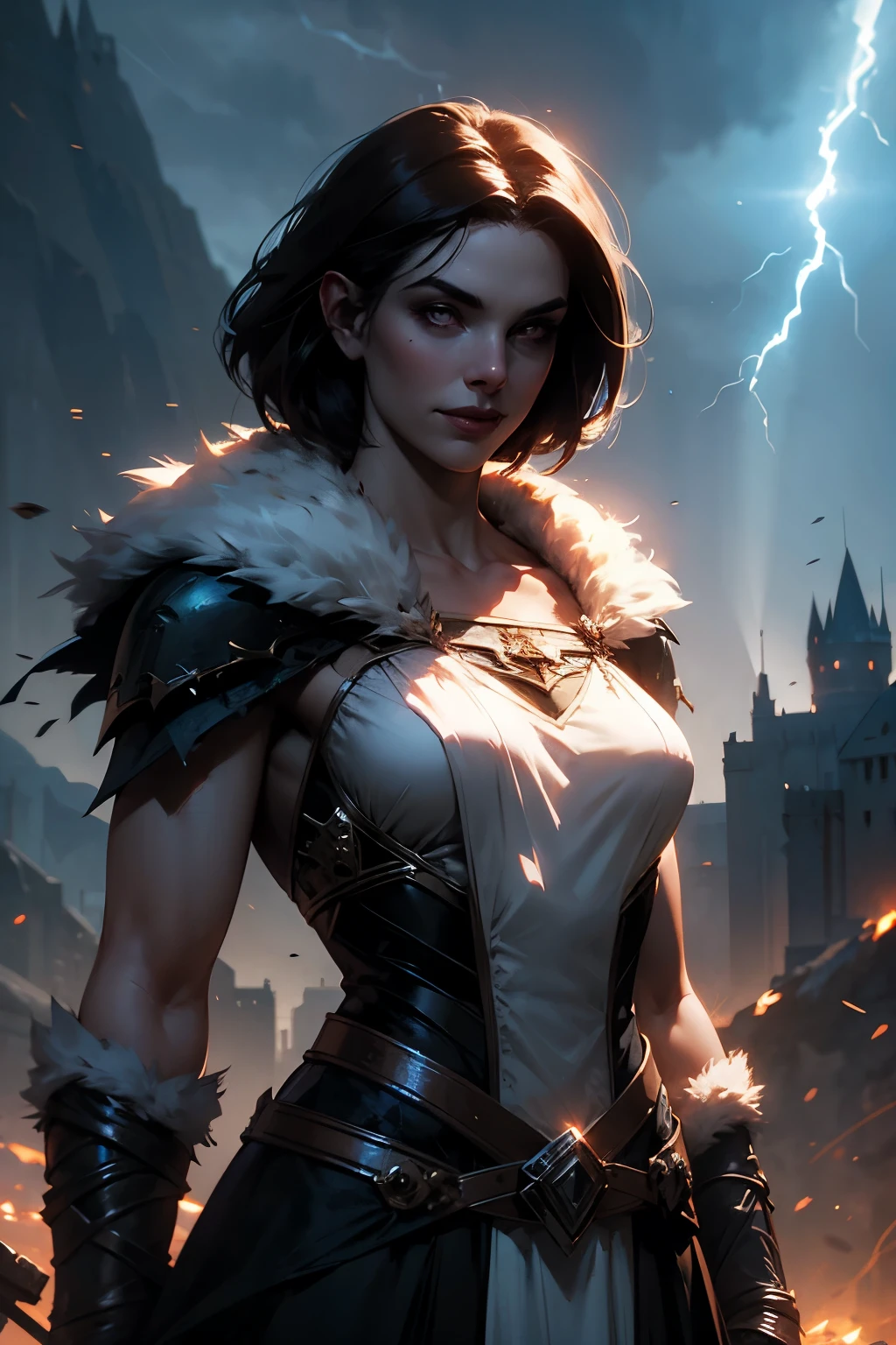 Dnd fantasy character, barbarian sorceress, pale skin, female vampire, dark hair, short square hair . Fur trim. Axe. smile. Lightning sparks over her arms and hands. castle ruins background. volumetric lighting