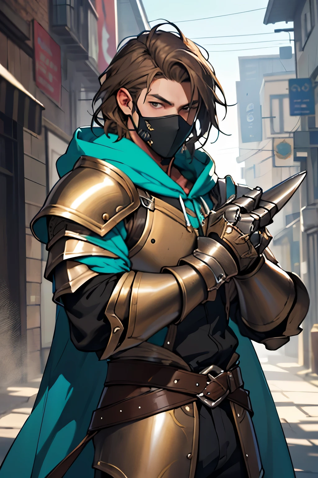 Best quality, masterpiece, super high resolution, Green long hooded bard with metallic armor. light brown hair. Mask that covers only the mouth . Forearm-length gauntlets ((detailed)). DND characters