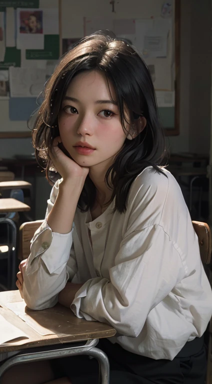 (RAW Photos, highest quality), (Realistic, photo-Realistic:1.3),highest quality,Very detailed,masterpiece,Super detailed,figure,One girl,full_body,Dynamic Angle,world masterpiece theater,Messy_length_hair,highest quality,Very detailed CG ユニティ 8k 壁紙,ink,wonderful,Cinema Lighting,lens_Flare, Dunhuang_style, In the classroom