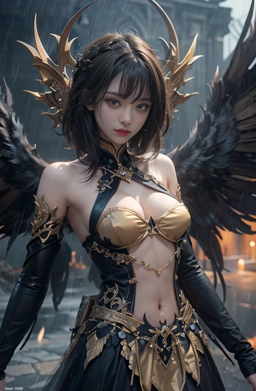 (masterpiece:1.3), (8k, Realistic, RAW Photos, Best image quality: 1.4), Fair-skinned fairy woman、blow long hair、Hair blowing in the wind、Cleavage:2.0、Highly detailed face、Attention to detail、double eyelid、Chest to chest、Sharp focus:1.2、Beautiful woman:1.4、 Brunette Hair、highest quality、masterpiece、超A high resolution、(Realistic:1.4)、Highly detailed and professionally lit smiles, Gothic Costume、Dark Street ,Shoulders out、thin、Serious expression、black goth fashion:1.2 , Short-haired、Deadly position, Gorgeous Necklace , one person、whole body, Giant black angel wings on the latissimus dorsi、Rainy , Yellow Eyes、both hands, Perfect Fingers.