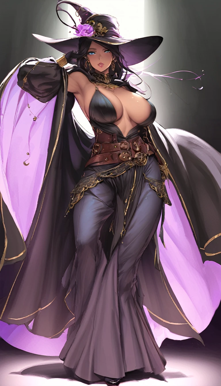 (masterpiece), (best quality:1.4), (perfect anatomy:1.4), high quality, expressive eyes, full body, detailed face, beautiful face, perfect face, {1 girl}, In her human form, Danua possesses an aura of mystery and quiet strength. She stands at a moderate height, around 5 feet 8 inches tall, with a slender yet athletic build that speaks of both grace and resilience. Her complexion is a rich, dark hue, reminiscent of polished mahogany, lending her an air of exotic beauty that sets her apart in any crowd. Danua's features are striking yet enigmatic, with high cheekbones, a sculpted jawline, and full lips that often curve into a thoughtful expression. Her eyes, a deep emerald green, hold a glint of intelligence and intensity, hinting at the depths of wisdom and experience hidden within. Cascading waves of black hair frame her face, falling in loose curls that dance with every movement, adding to her ethereal allure. She often keeps her hair partially concealed beneath a hooded cloak, adding to her mysterious aura. In her attire, Danua favors garments that blend functionality with elegance, often opting for dark colors and flowing fabrics that allow for of movement. She may be seen wearing a long, flowing cloak that billows behind her like a shadowy veil, adding to her air of mystique., dynamic lighting, 4k resolution, dynamic pose, gothic background, steampunk_costume, hat, curvy, gothicpunkai, jim lee, dark skin, dark skinned female, black hair, ((pants)), belts, dark cloak,